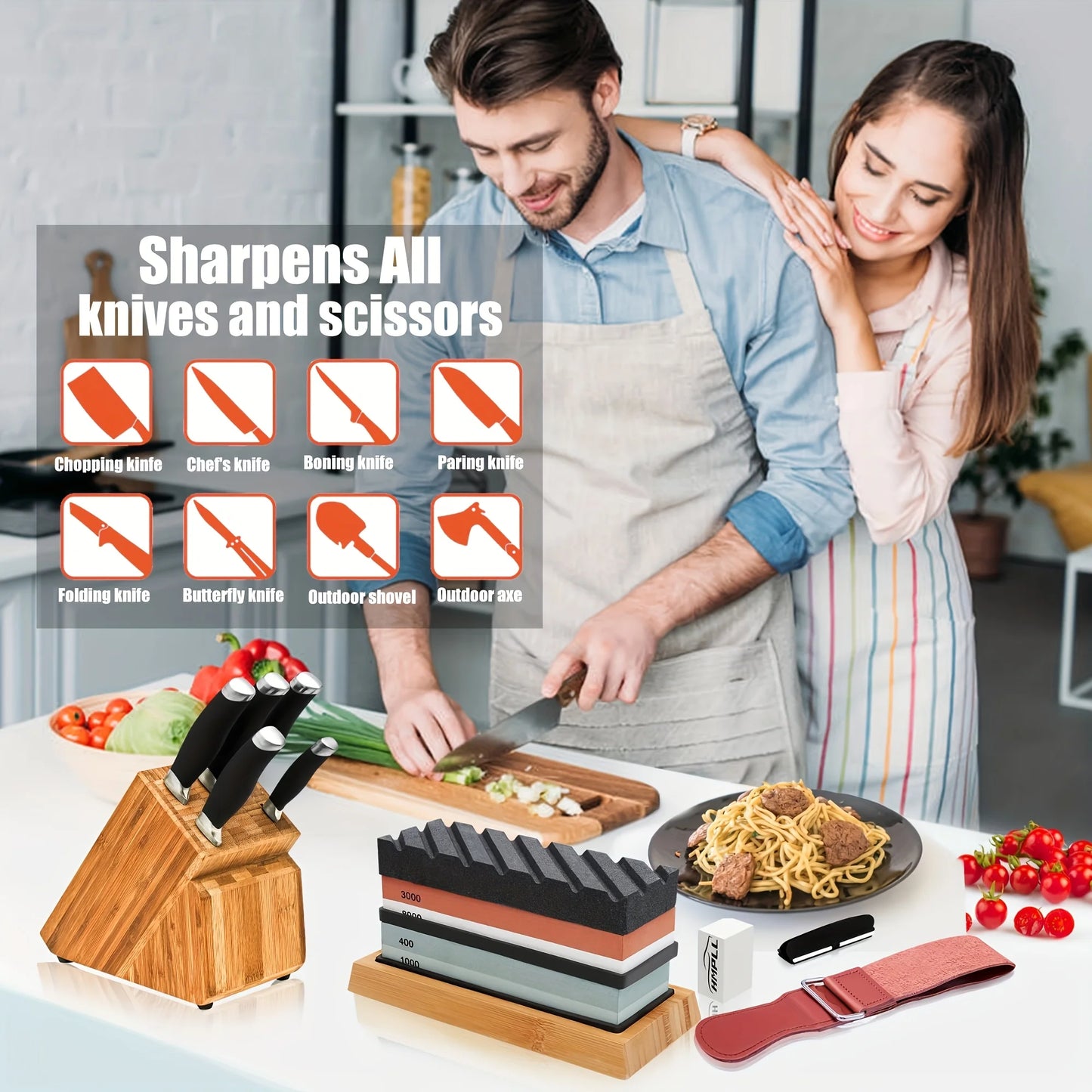 1 Set Professional Knife Sharpening Stone Kit 4 Sided Grit 400/1000 3000/8000 with Non-Slip Base, Leather Strop Flattening Stone