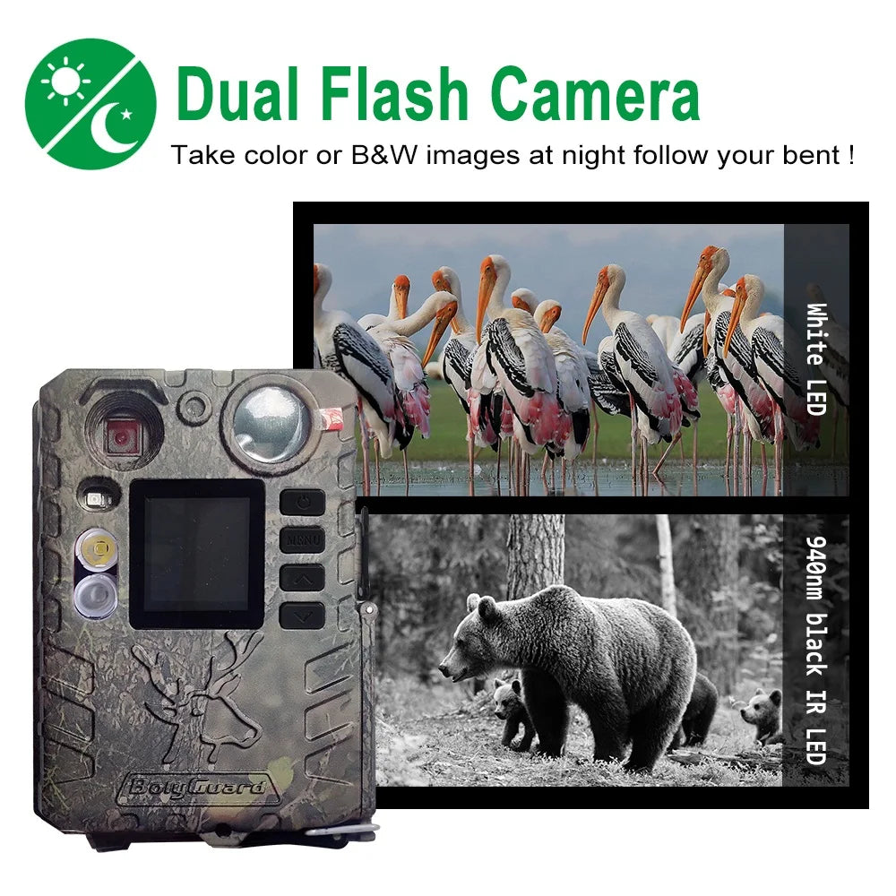 BolyGuard Trail Camera BG410-D 33MP 2.7K HD Hunting Game Wildlife Cam+ Dual Flash 940nm and White LED Night Vision Support Solar