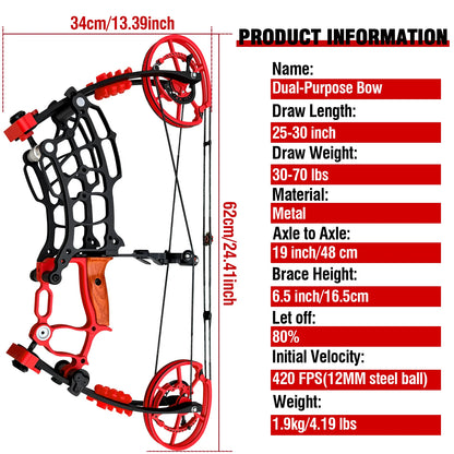 Archery Compound Bow Kit, Arrows & Steel Balls Dua Use Beginners Bow,30-70LBS Draw Weight, Short 19" Axle CNC Metal Frame,
