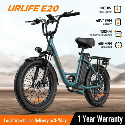1000W E20 Electric Bike | 48V 13Ah Removable Battery, 20MPH, 20''X3" Fat Tire, 7-Speed with Dual Disc Brake