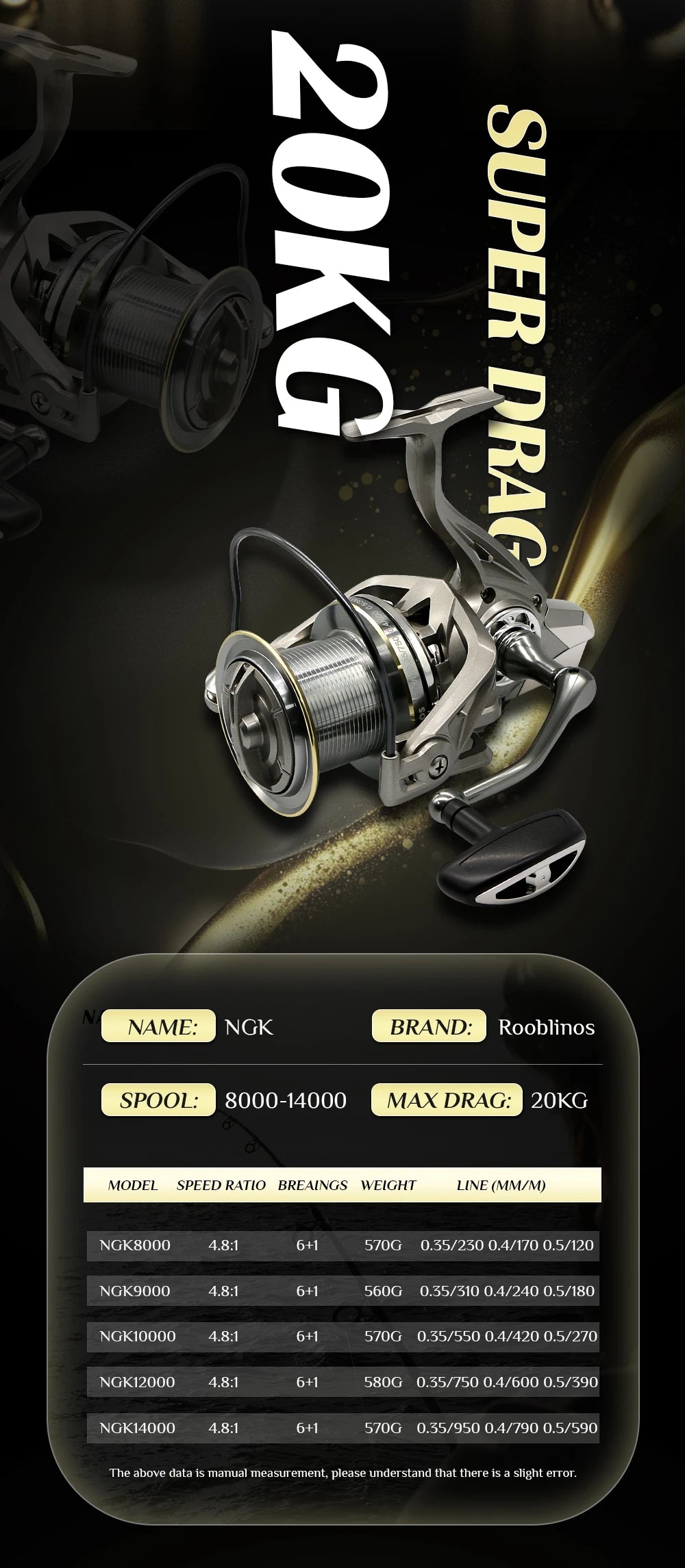 Stainless Steel Bearing Spinning Fishing Reel  25KG Powerful Reel Saltwater Fresh Water Drag