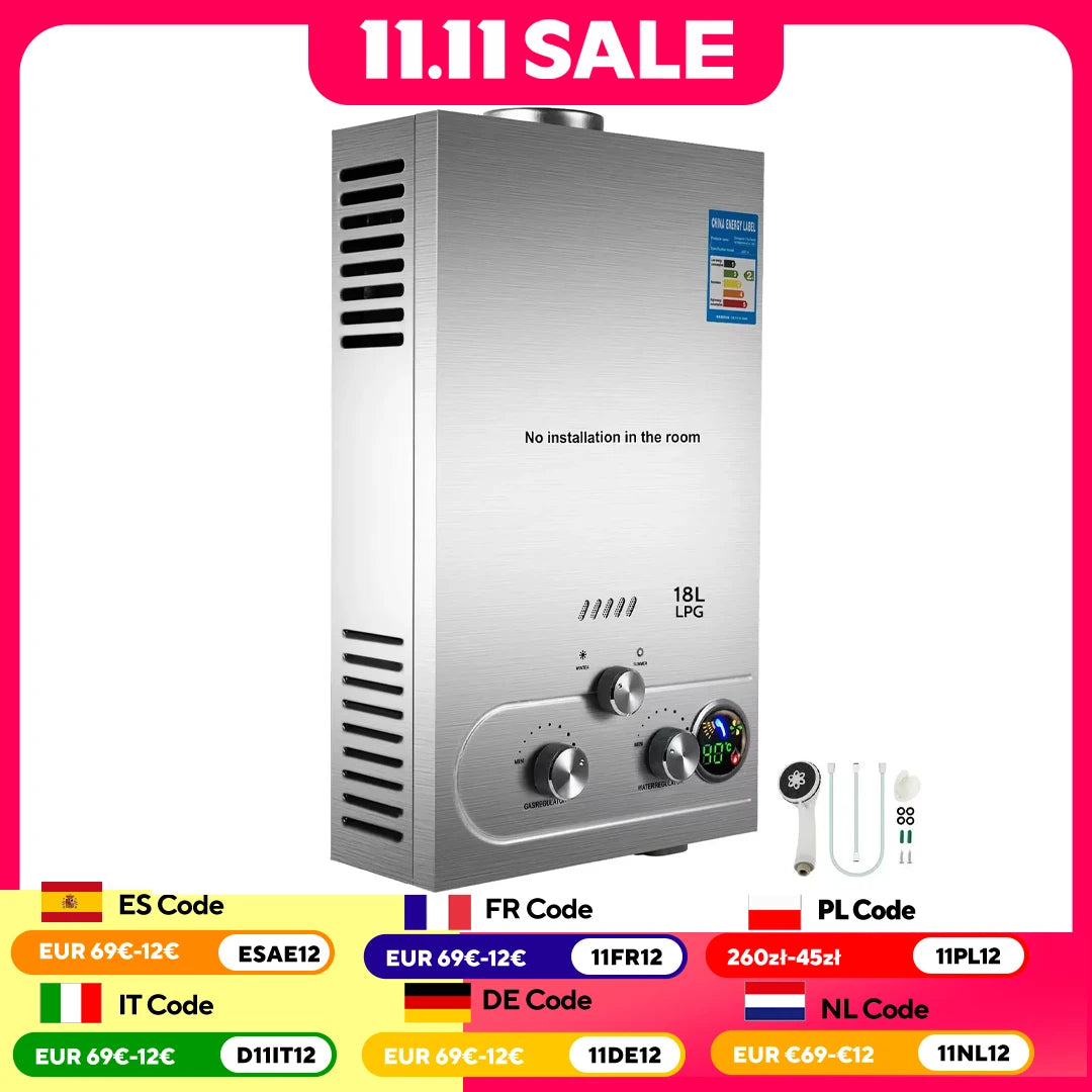 VEVOR 6L-18L Propane Gas Tankless Water Heater, Bathroom heating instant,Outdoors Water Heater Boiler Car Camping