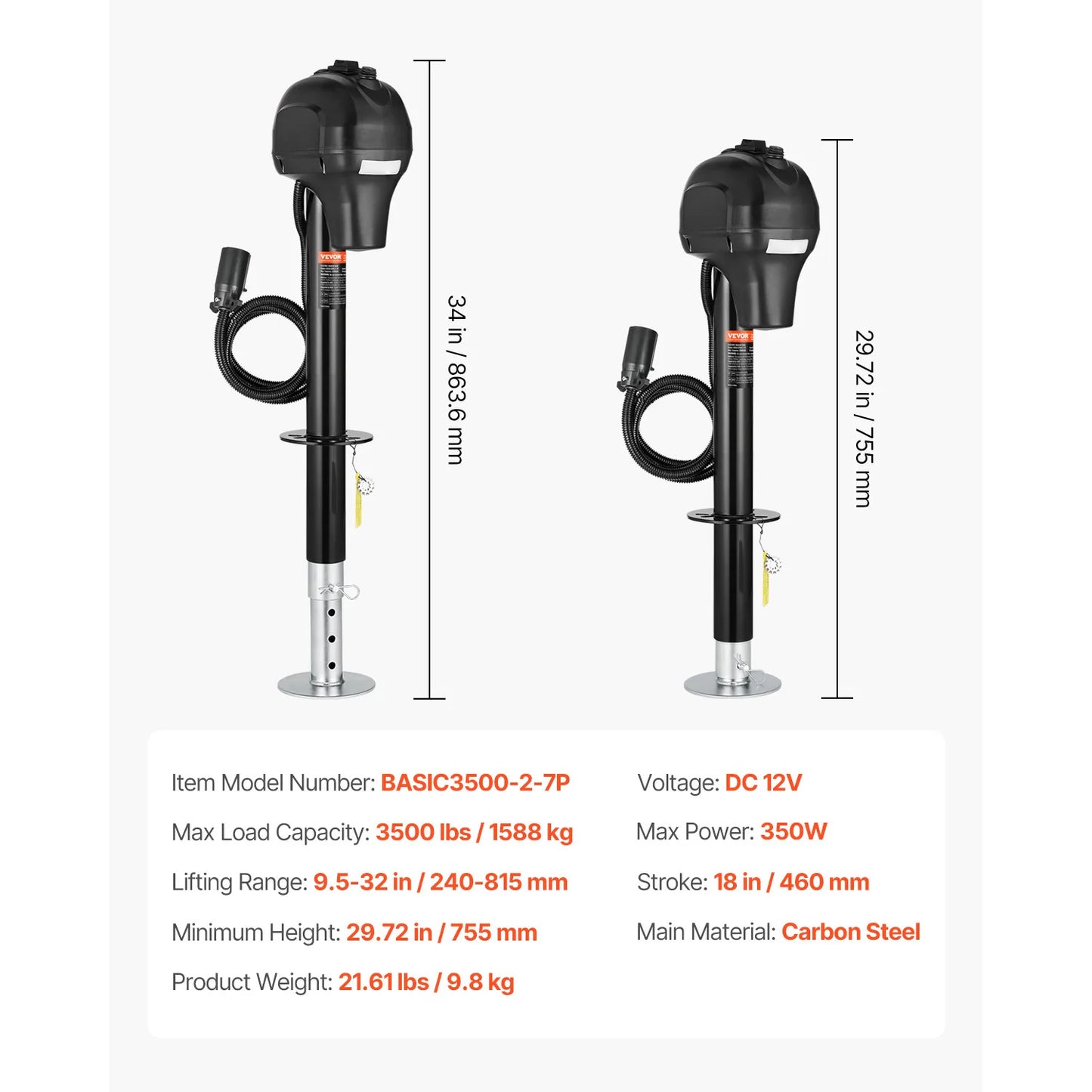SucceBuy 3500/5000Lbs Electric Trailer Jack RV 12V Tongue Jack with 7-pin Connector & Crank Handle 10"-28.3" Lift for Campers
