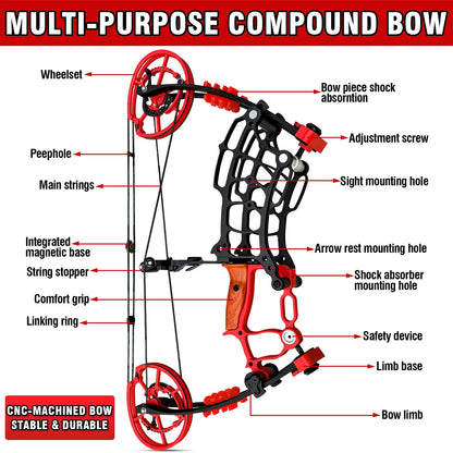 Archery Compound Bow Kit, Arrows & Steel Balls Dua Use Beginners Bow,30-70LBS Draw Weight, Short 19" Axle CNC Metal Frame,
