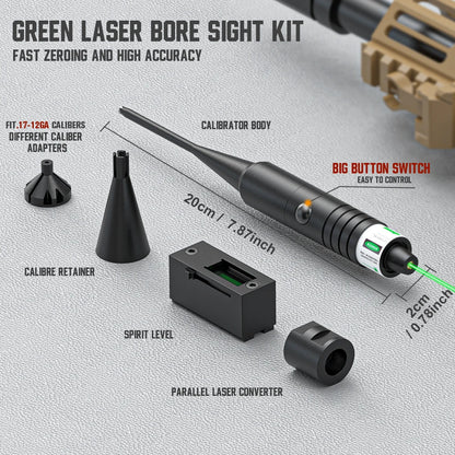 Universal Laser Boresighter Kit: Green Laser, 32 Adapters, Anti-Cant Level & Parallel Calibration for .17 to 12GA.