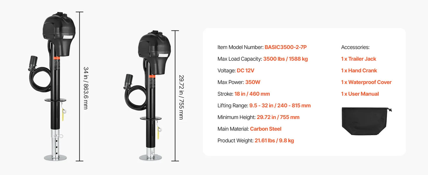SucceBuy 3500/5000Lbs Electric Trailer Jack RV 12V Tongue Jack with 7-pin Connector & Crank Handle 10"-28.3" Lift for Campers