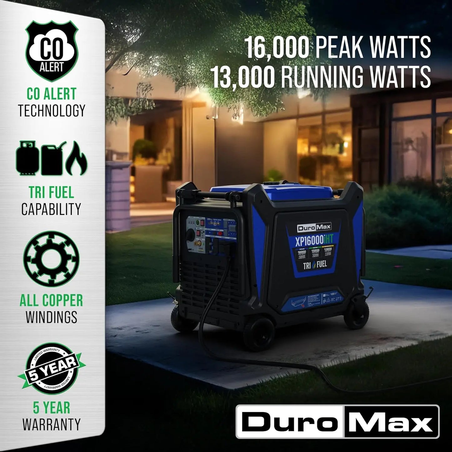 16000W Tri-Fuel Portable Inverter Generator - Gas/Propane/Natural Gas, Remote Start, Whole Home & RV Backup
