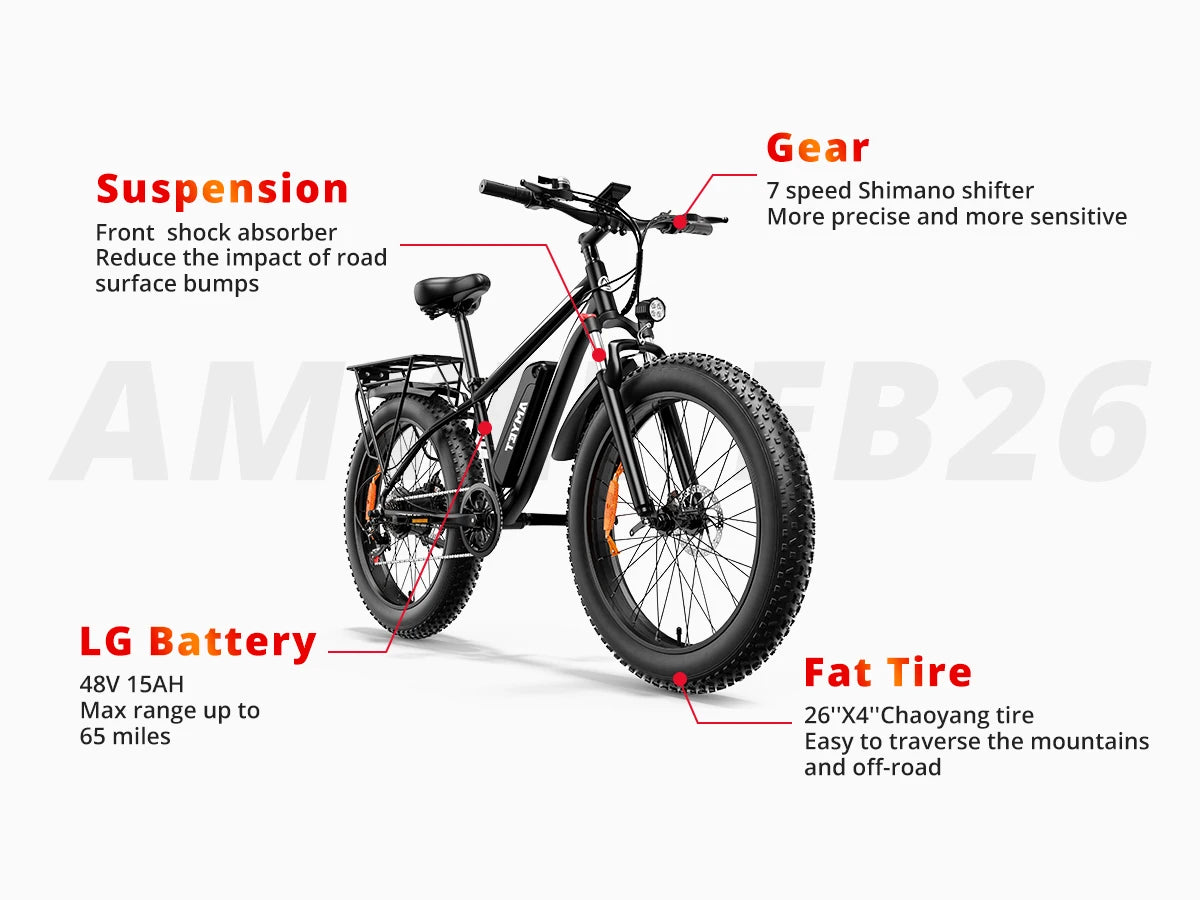 EB26 Electric Bike for Adults 1000W Electric Bicycle 48V 15AH E Bike 26" Fat Tire Mountain 31mph Dual Shock
