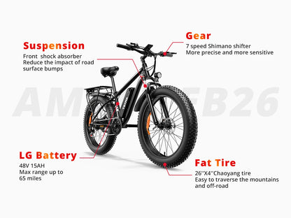 EB26 Electric Bike for Adults 1000W Electric Bicycle 48V 15AH E Bike 26" Fat Tire Mountain 31mph Dual Shock