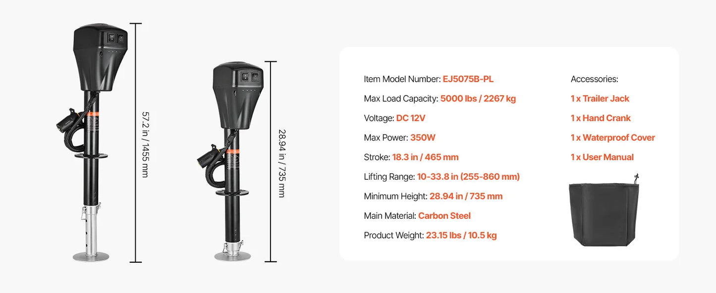 SucceBuy 3500/5000Lbs Electric Trailer Jack RV 12V Tongue Jack with 7-pin Connector & Crank Handle 10"-28.3" Lift for Campers