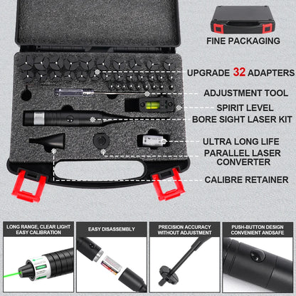 Universal Laser Boresighter Kit: Green Laser, 32 Adapters, Anti-Cant Level & Parallel Calibration for .17 to 12GA.