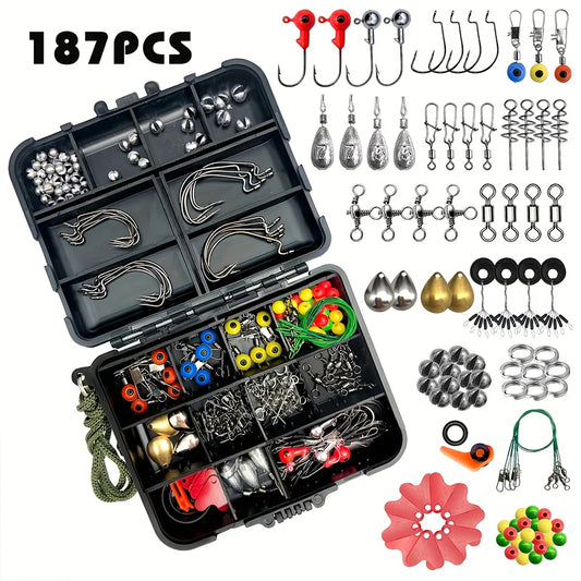 187pcs Ultimate Fishing Kit Set - Complete Tackle Box with Premium Fish Hooks, Bait Parts, Sinkers, and More - Perfect for Outdo