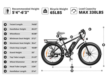 EB26 Electric Bike for Adults 1000W Electric Bicycle 48V 15AH E Bike 26" Fat Tire Mountain 31mph Dual Shock