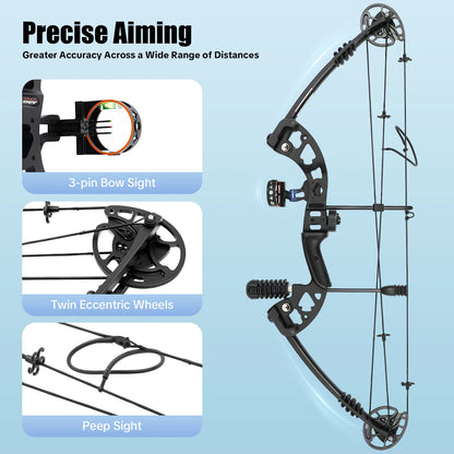Compound Bow Adults, Right Hand, Hunting Kit: 3 Pin Lighted Sight for Hunting,