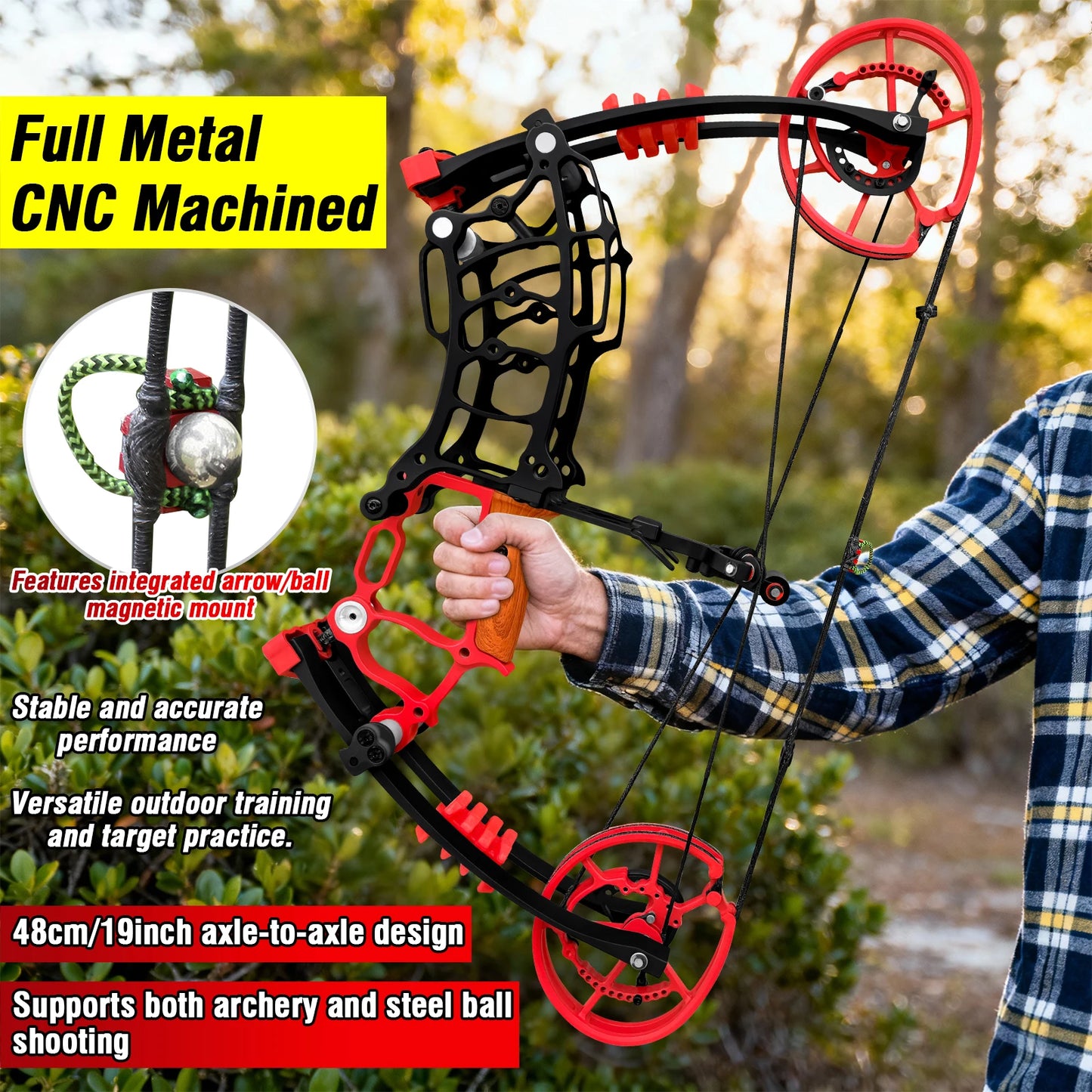 Archery Compound Bow Kit, Arrows & Steel Balls Dua Use Beginners Bow,30-70LBS Draw Weight, Short 19" Axle CNC Metal Frame,