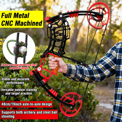 Archery Compound Bow Kit, Arrows & Steel Balls Dua Use Beginners Bow,30-70LBS Draw Weight, Short 19" Axle CNC Metal Frame,