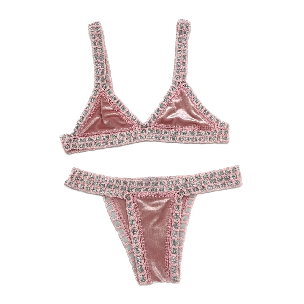 2024 Pink Crochet Handmade Triangle Bikini Set