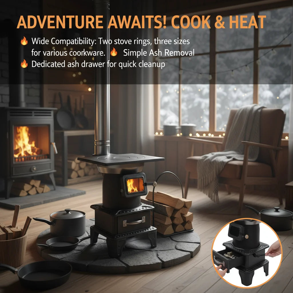 Camping Wood Stove Hot Tent Stove Coal Stove Courtyard Heating Stove Outdoor Picnic Stove Kit with 2 Meshes, 2 Chimney Elbows