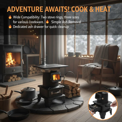 Camping Wood Stove Hot Tent Stove Coal Stove Courtyard Heating Stove Outdoor Picnic Stove Kit with 2 Meshes, 2 Chimney Elbows
