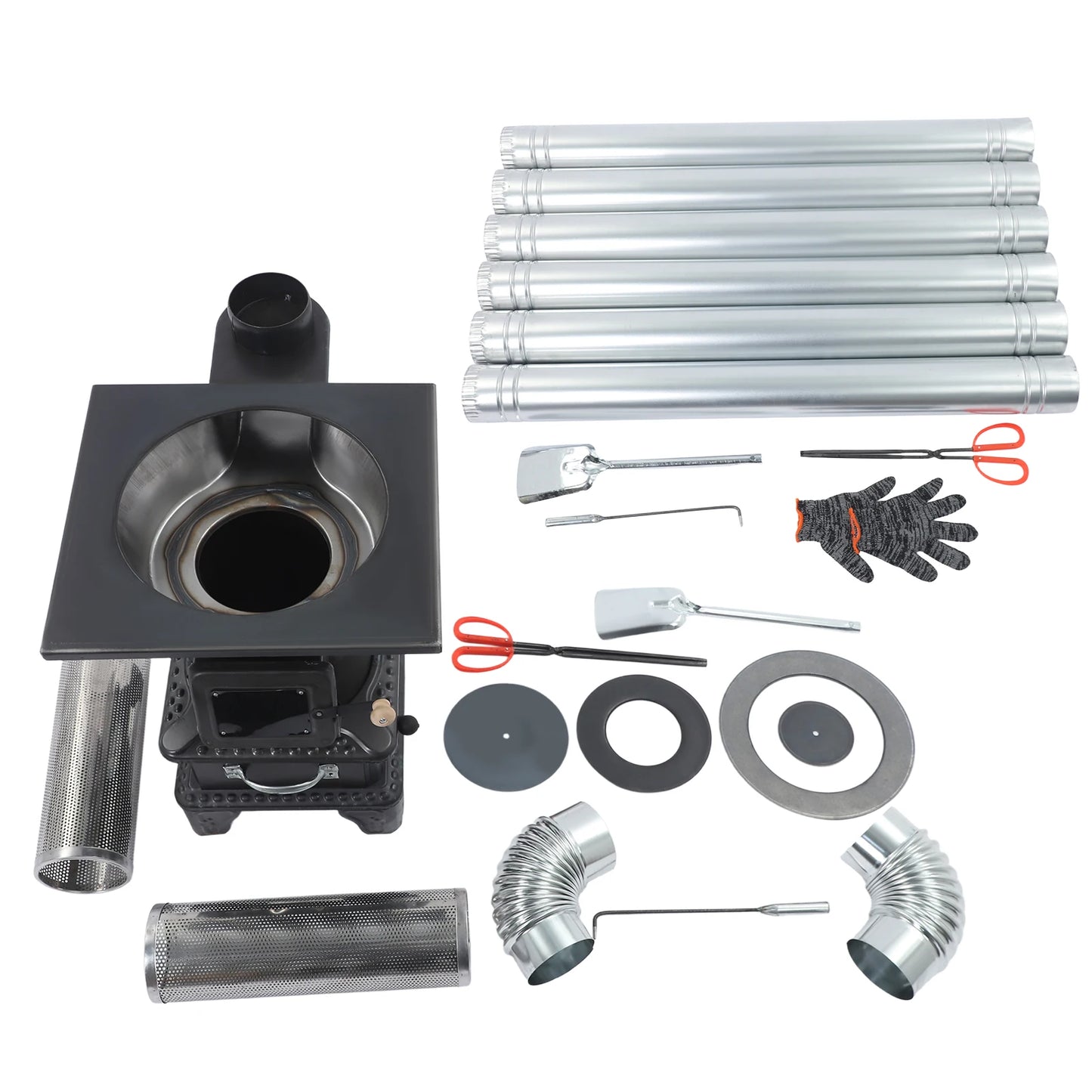 Camping Wood Stove Hot Tent Stove Coal Stove Courtyard Heating Stove Outdoor Picnic Stove Kit with 2 Meshes, 2 Chimney Elbows