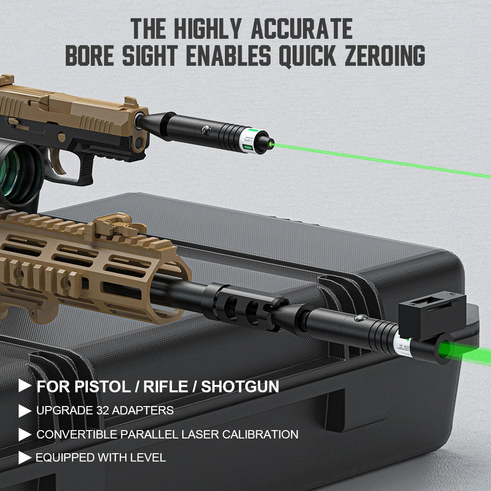 Universal Laser Boresighter Kit: Green Laser, 32 Adapters, Anti-Cant Level & Parallel Calibration for .17 to 12GA.