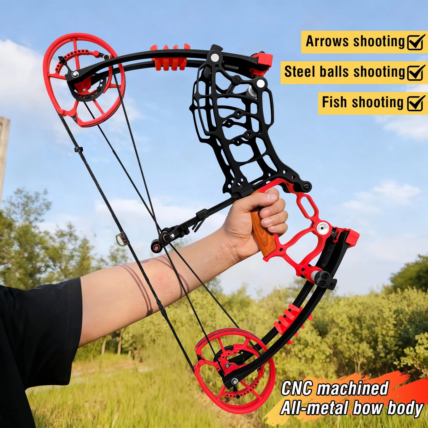 Archery Compound Bow Kit, Arrows & Steel Balls Dua Use Beginners Bow,30-70LBS Draw Weight, Short 19" Axle CNC Metal Frame,