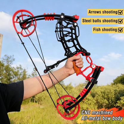 Archery Compound Bow Kit, Arrows & Steel Balls Dua Use Beginners Bow,30-70LBS Draw Weight, Short 19" Axle CNC Metal Frame,